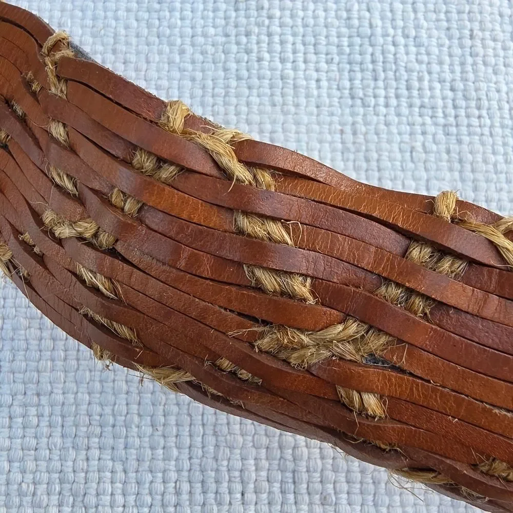 Leather belt woven with hammered brass buckle